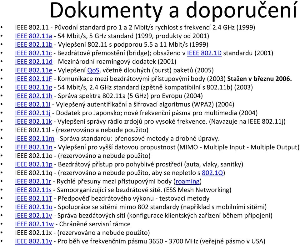 11e Vylepšení QoS, včetně dlouhých (burst) paketů (2005) IEEE 802.11F Komunikace mezi bezdrátovými přístupovými body (2003) Stažen v březnu 2006. IEEE 802.11g 54 Mbit/s, 2.