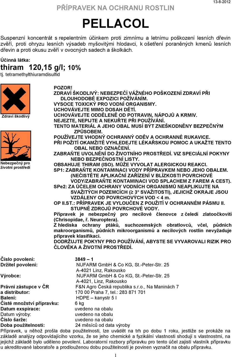 tetramethylthiuramdisulfid Zdraví škodlivý Nebezpečný pro ţivotní prostředí POZOR! ZDRAVÍ ŠKODLIVÝ: NEBEZPEČÍ VÁŢNÉHO POŠKOZENÍ ZDRAVÍ PŘI DLOUHODOBÉ EXPOZICI POŢÍVÁNÍM.
