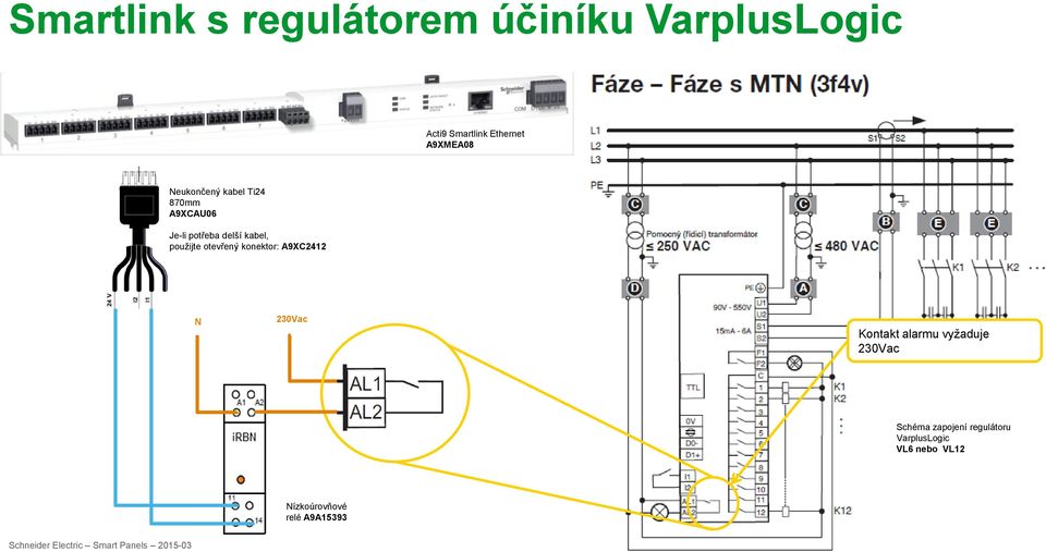 použijte otevřený konektor: A9XC2412 N 230Vac Kontakt alarmu vyžaduje