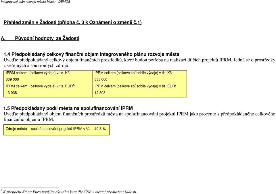 Jedná se o prostředky z veřejných a soukromých zdrojů. IPRM celkem (celkové výdaje) v tis. Kč: 339 000 IPRM celkem (celkové výdaje) v tis. EUR 1 : 13 038 IPRM celkem (celkové způsobilé výdaje) v tis.