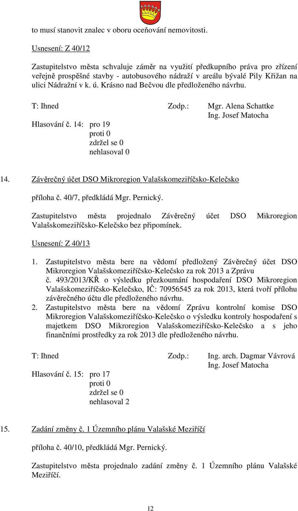 Krásno nad Bečvou dle předloženého návrhu. T: Ihned Zodp.: Mgr. Alena Schattke Hlasování č. 14: pro 19 nehlasoval 0 14. Závěrečný účet DSO Mikroregion Valašskomeziříčsko-Kelečsko příloha č.