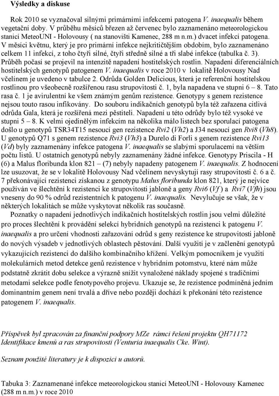 V měsíci květnu, který je pro primární infekce nejkritičtějším obdobím, bylo zaznamenáno celkem 11 infekcí, z toho čtyři silné, čtyři středně silné a tři slabé infekce (tabulka č. 3).