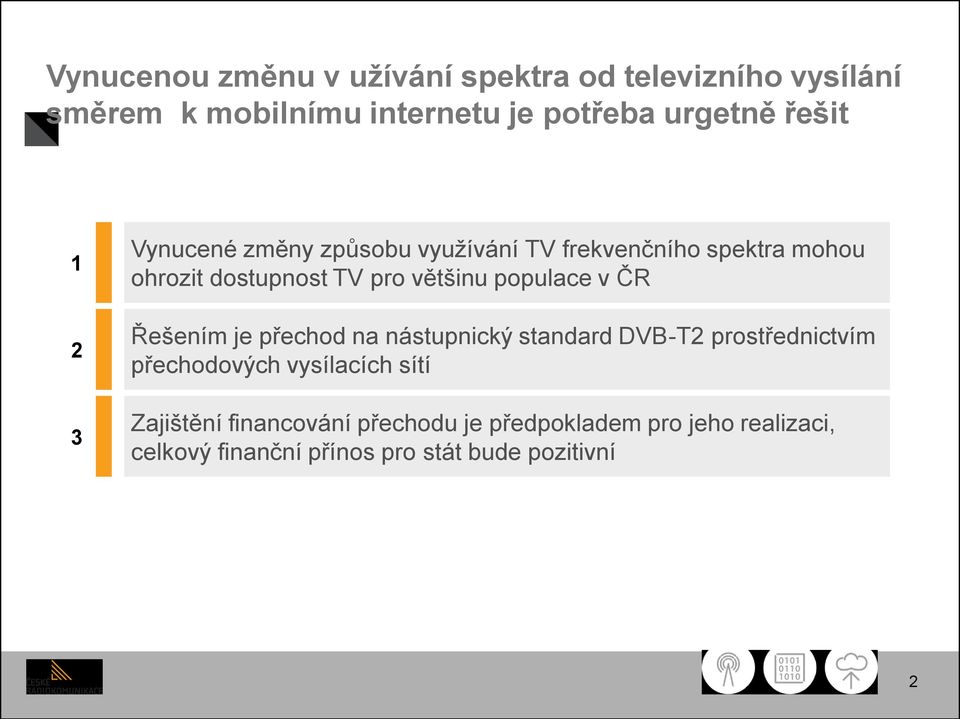 populace v ČR Řešením je přechod na nástupnický standard DVB-T2 prostřednictvím přechodových vysílacích sítí