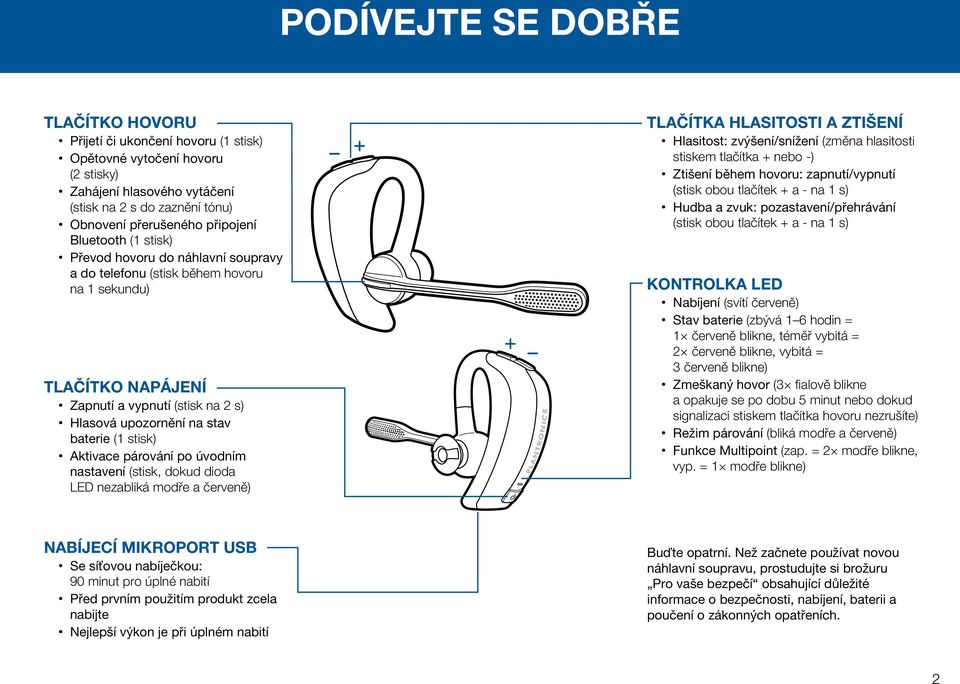 Aktivace párování po úvodním nastavení (stisk, dokud dioda LED nezabliká modře a červeně) TLAČÍTKA HLASITOSTI A ZTIŠENÍ Hlasitost: zvýšení/snížení (změna hlasitosti stiskem tlačítka + nebo -) Ztišení