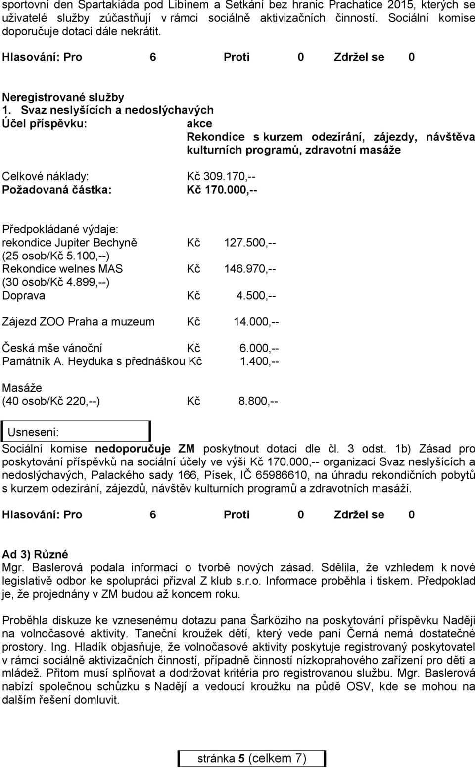 170,-- Požadovaná částka: Kč 170.000,-- rekondice Jupiter Bechyně Kč 127.500,-- (25 osob/kč 5.100,--) Rekondice welnes MAS Kč 146.970,-- (30 osob/kč 4.899,--) Doprava Kč 4.