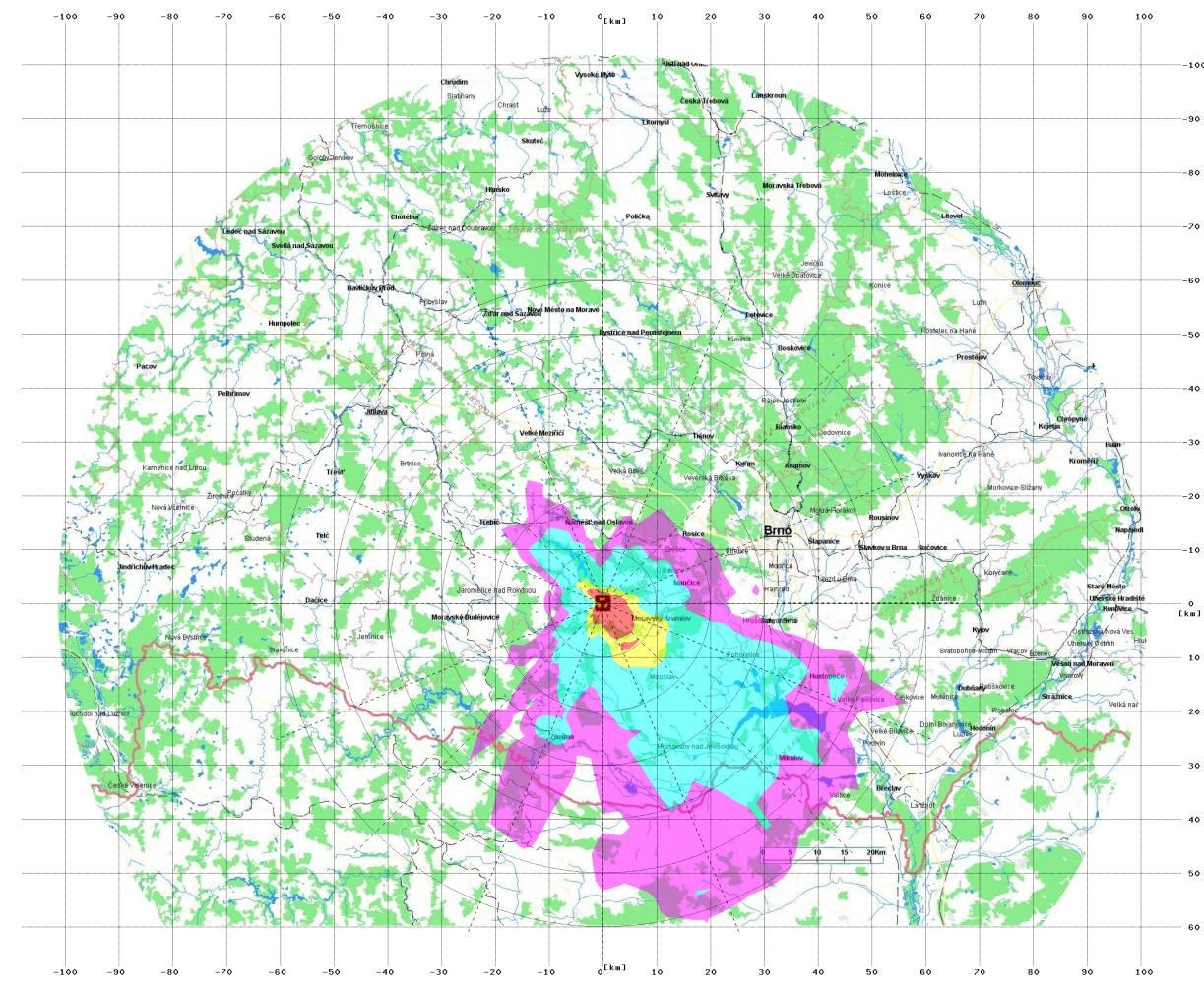 Obr. 7.3: Distribuce úvazku efektivní dávky od všech cest ozáření kolem JE Dukovany (superpozice 3000 hodinových meteo-sekvencí od 1.3.2004 do 4.7.2004, únik ve výšce 20 m, bez budov, proměnná doba spadu).