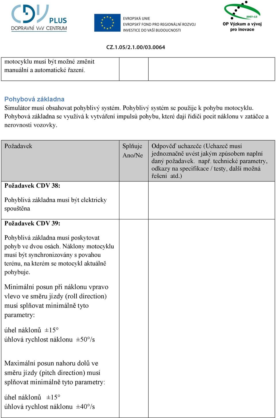 CDV 38: Pohyblivá základna musí být elektricky spouštěna CDV 39: Pohyblivá základna musí poskytovat pohyb ve dvou osách.