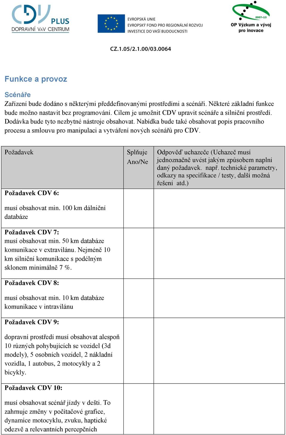 Nabídka bude také obsahovat popis pracovního procesu a smlouvu pro manipulaci a vytváření nových scénářů pro CDV. CDV 6: musí obsahovat min. 100 km dálniční databáze CDV 7: musí obsahovat min.