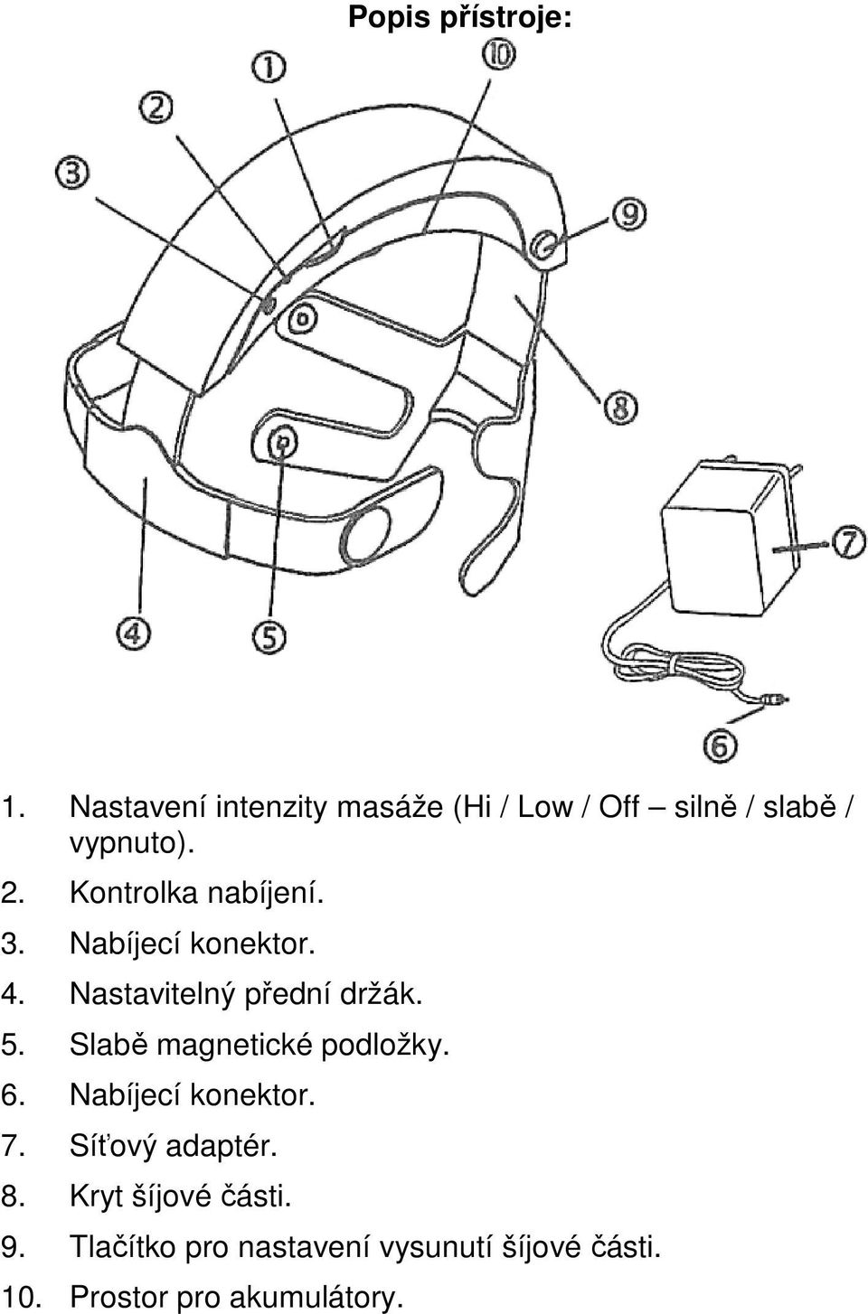 Kontrolka nabíjení. 3. Nabíjecí konektor. 4. Nastavitelný přední držák. 5.