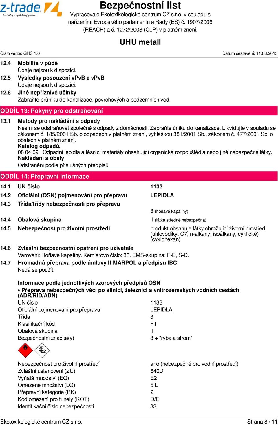 o odpadech v platném znění, vyhláškou 381/2001 Sb., zákonem č. 477/2001 Sb. o obalech v platném znění. Katalog odpadů.