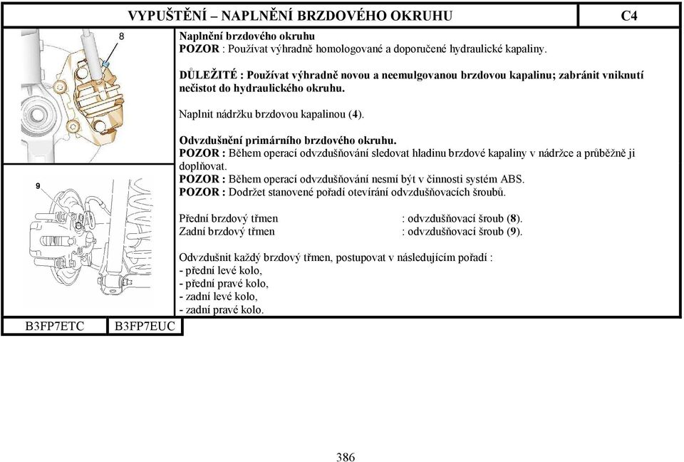 Odvzdušnění primárního brzdového okruhu. POZOR : Během operací odvzdušňování sledovat hladinu brzdové kapaliny v nádržce a průběžně ji doplňovat.