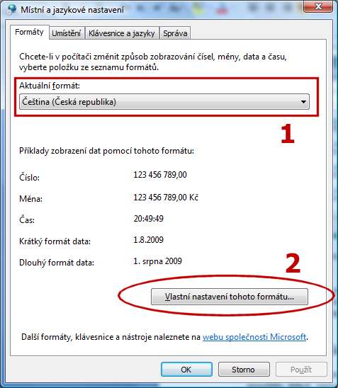 Aktuální formát nastaven na Čeština (Česká republika) (1).