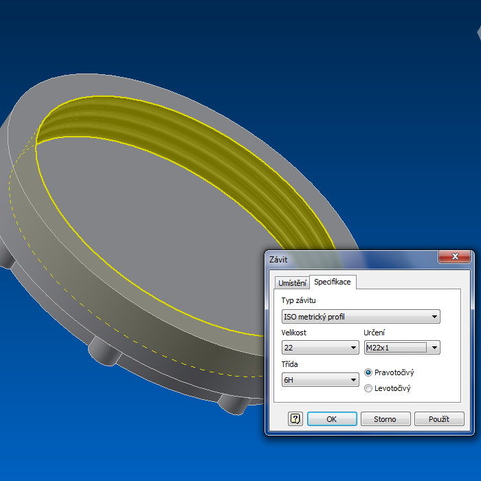 Automaticky je nastaven rozměr závitu dle otvoru, nyní lze již vybrat jeho typ, určení či v některých případech i třídu.