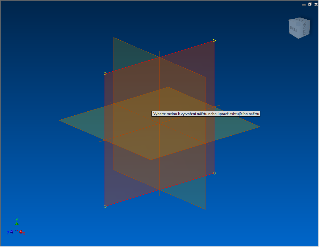 ZÁKLADNÍ PRACOVNÍ PRVKY 6 Parametrické modelování je definováno na třech základních rovinách, jenž se protínají v počátku souřadné soustavy.