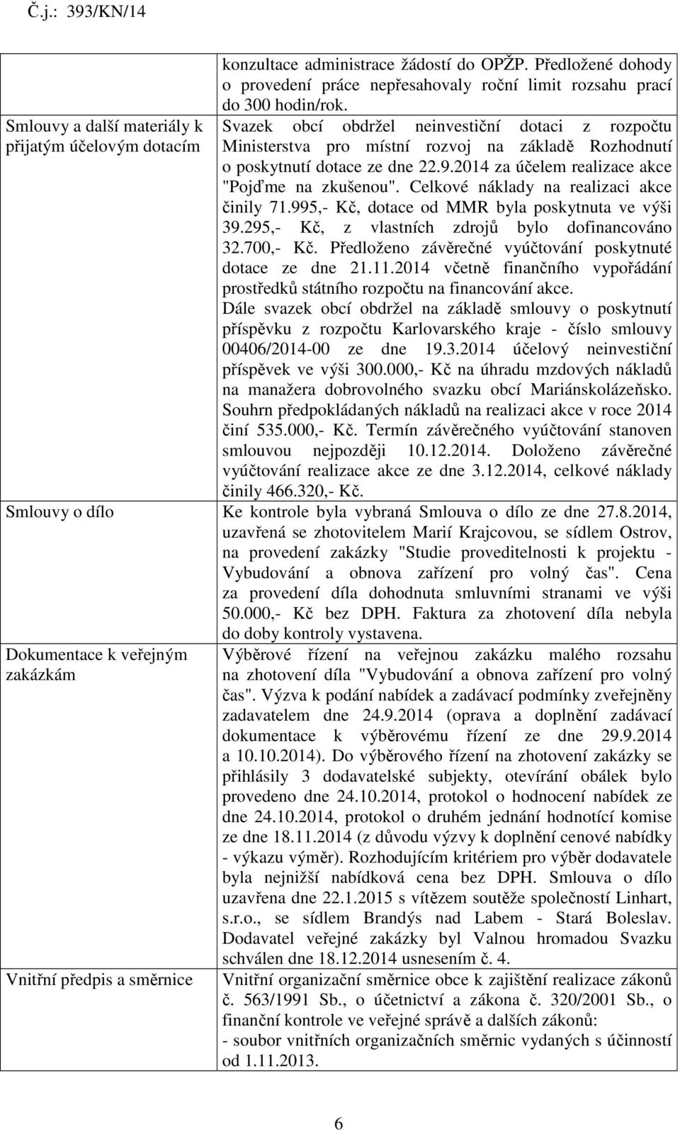 Celkové náklady na realizaci akce činily 71.995,- Kč, dotace od MMR byla poskytnuta ve výši 39.295,- Kč, z vlastních zdrojů bylo dofinancováno 32.700,- Kč.
