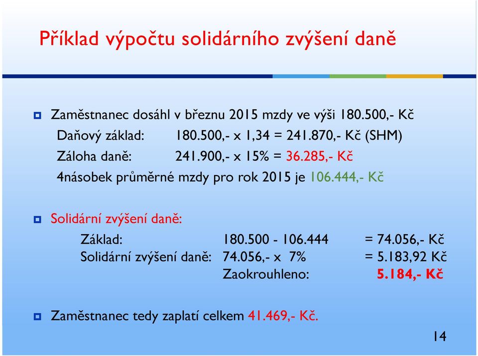 285,- Kč 4násobek průměrné mzdy pro rok 2015 je 106.444,- Kč Solidární zvýšení daně: Základ: 180.500-106.