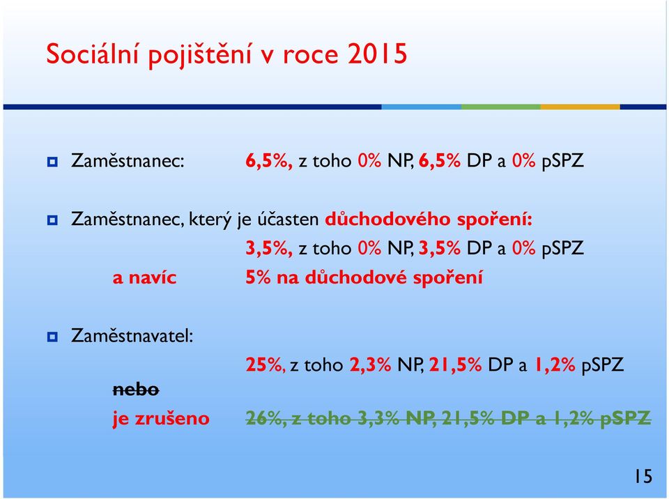 NP, 3,5% DP a 0% pspz 5% na důchodové spoření Zaměstnavatel: nebo je zrušeno