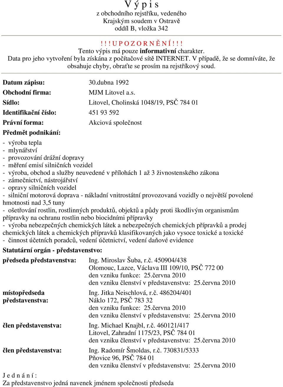 dubna 1992 Obchodní firma: MJM Litovel a.s.