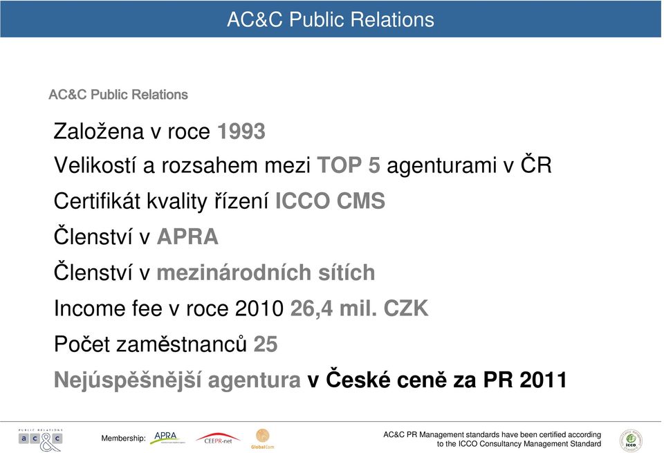APRA Členství v mezinárodních sítích Income fee v roce 2010 26,4 mil.