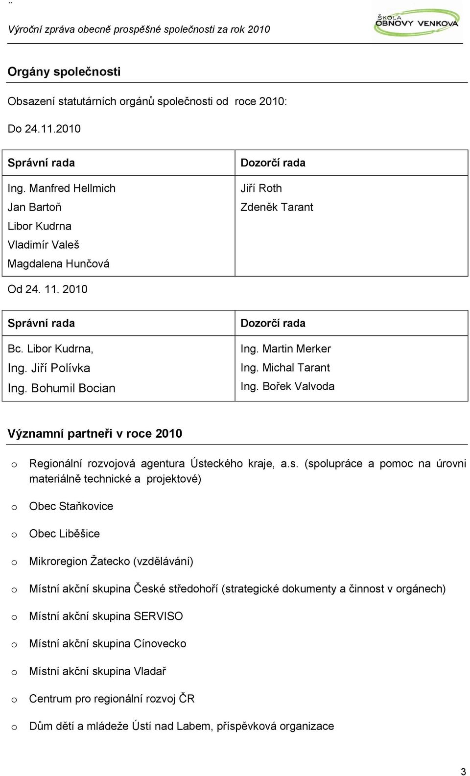 Bhumil Bcian Dzrčí rada Ing. Martin Merker Ing. Michal Tarant Ing. Břek Valvda Významní partneři v rce 2010 Reginální rzvjvá agentura Úst