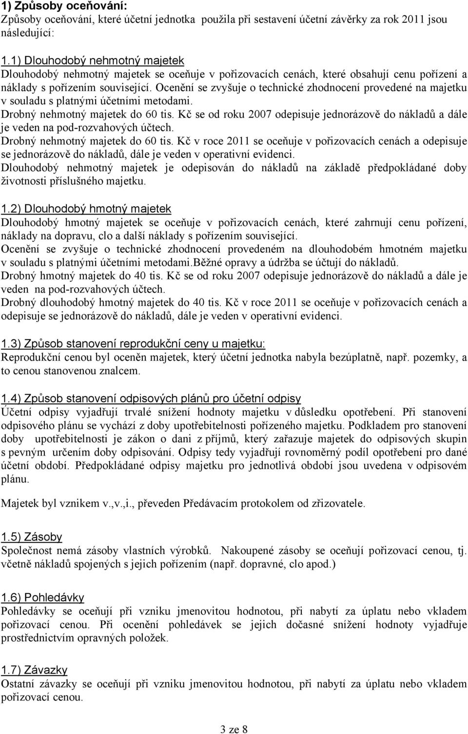 Ocenění se zvyšuje o technické zhodnocení provedené na majetku v souladu s platnými účetními metodami. Drobný nehmotný majetek do 60 tis.