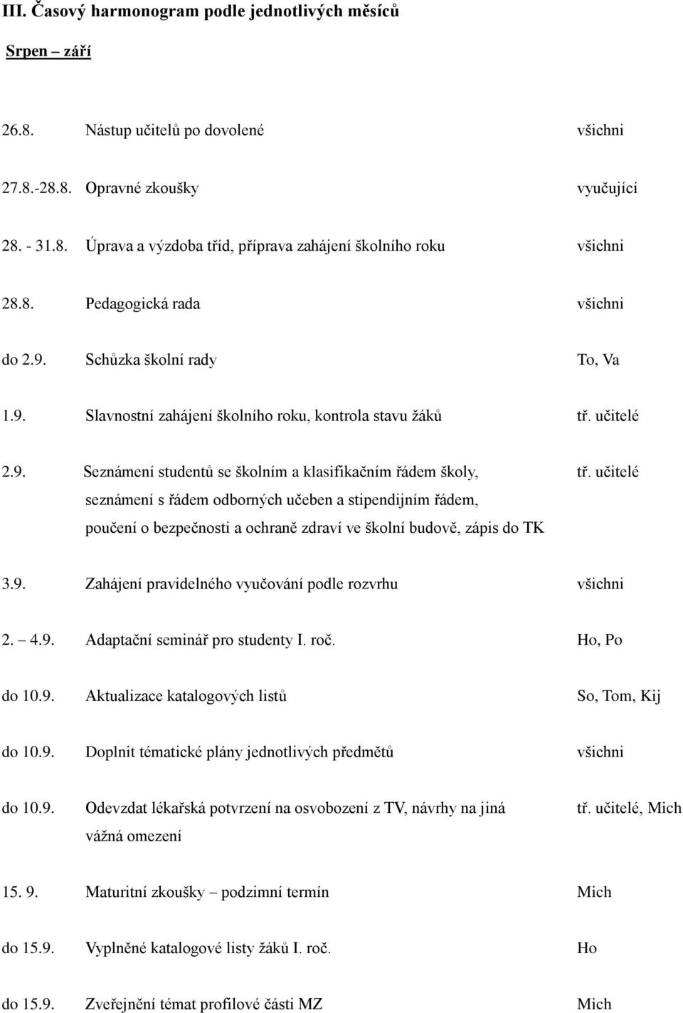 učitelé seznámení s řádem odborných učeben a stipendijním řádem, poučení o bezpečnosti a ochraně zdraví ve školní budově, zápis do TK 3.9. Zahájení pravidelného vyučování podle rozvrhu všichni 2. 4.9. Adaptační seminář pro studenty I.