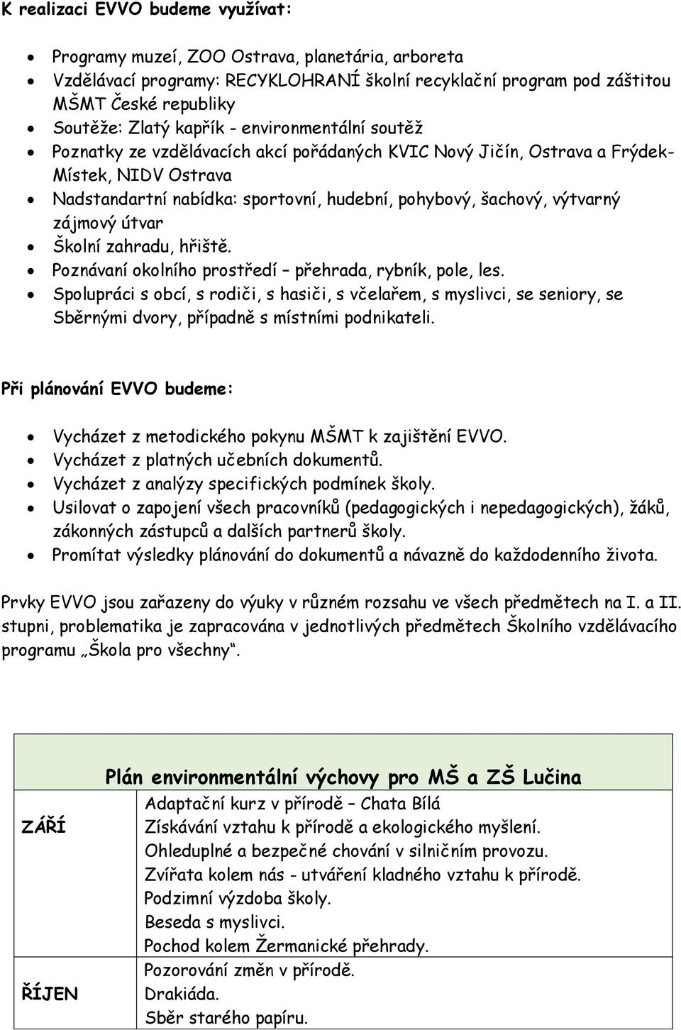 zájmový útvar Školní zahradu, hřiště. Poznávaní okolního prostředí přehrada, rybník, pole, les.