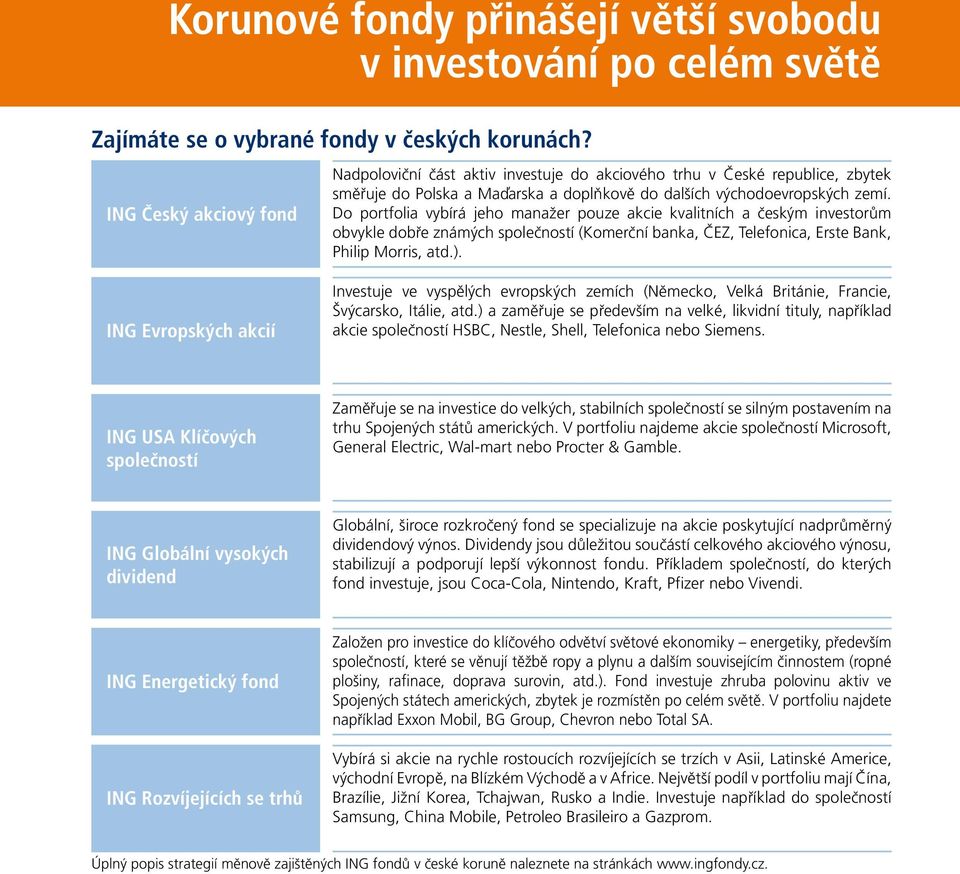 Do portfolia vybírá jeho manažer pouze akcie kvalitních a českým investorům obvykle dobře známých společností (Komerční banka, ČEZ, Telefonica, Erste Bank, Philip Morris, atd.).