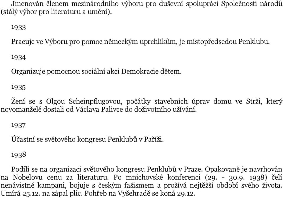 1935 Žení se s Olgou Scheinpflugovou, počátky stavebních úprav domu ve Strži, který novomanželé dostali od Václava Palivce do doživotního užívání.