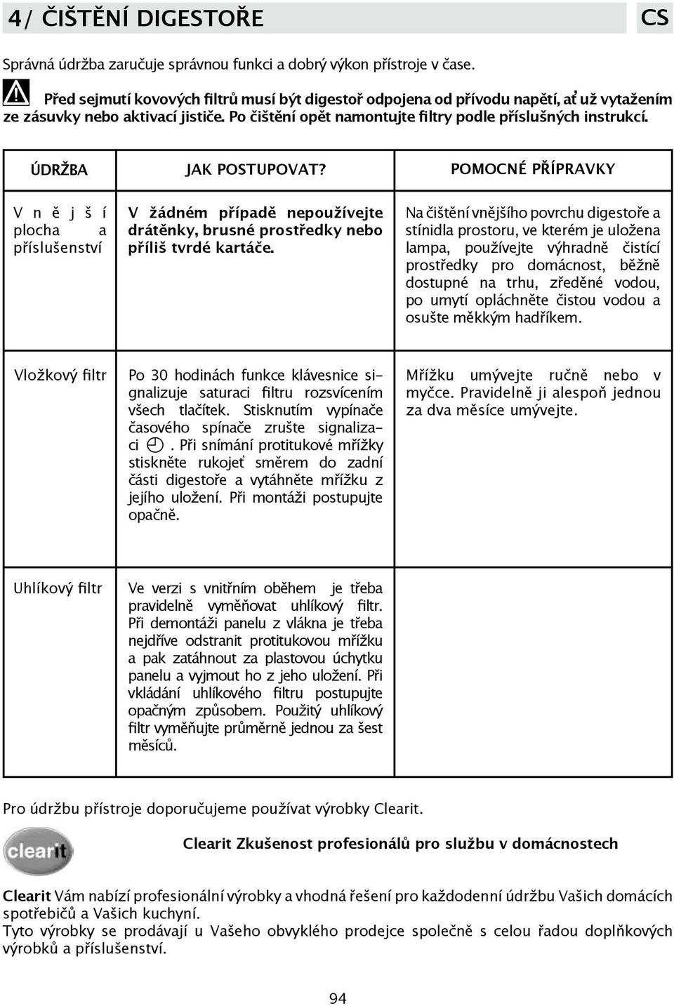 ÚDRŽBA JAK POSTUPOVAT? POMOCNÉ PŘÍPRAVKY V n ě j š í plocha a příslušenství V žádném případě nepoužívejte drátěnky, brusné prostředky nebo příliš tvrdé kartáče.