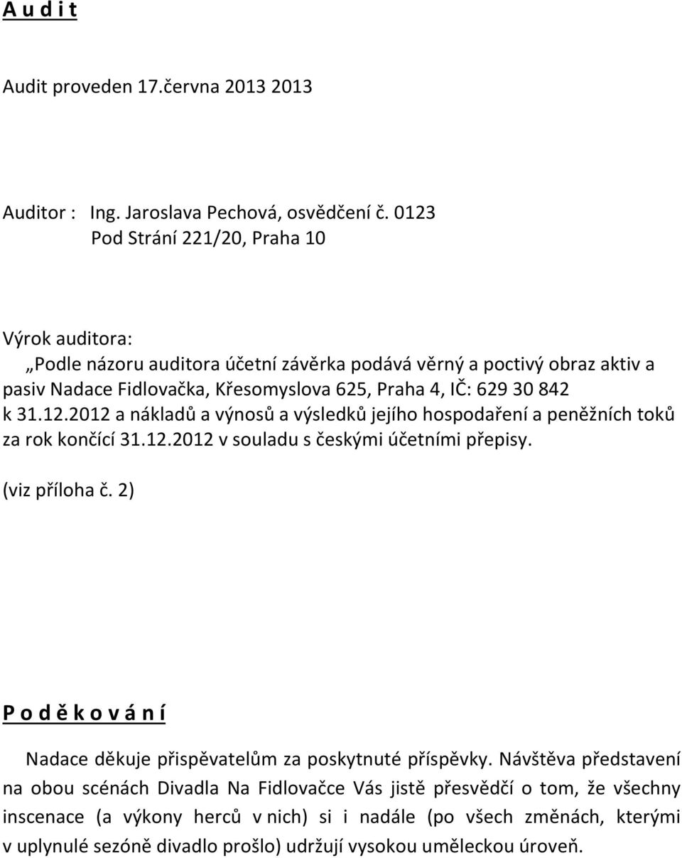 842 k 31.12.2012 a nákladů a výnosů a výsledků jejího hospodaření a peněžních toků za rok končící 31.12.2012 v souladu s českými účetními přepisy. (viz příloha č.