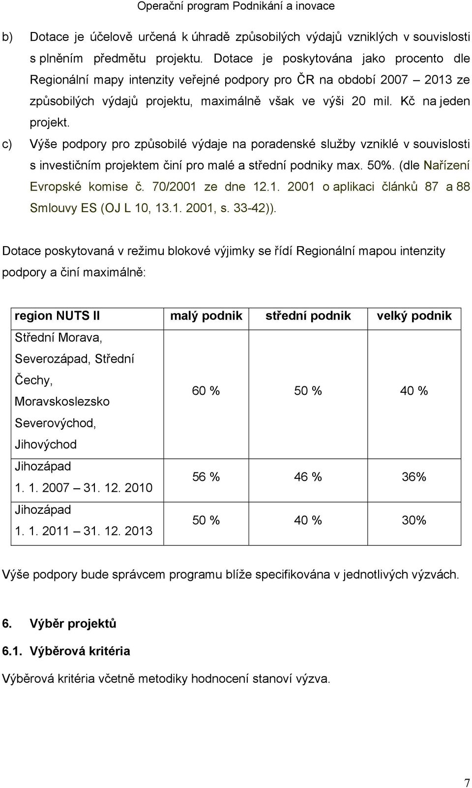 c) Výše podpory pro způsobilé výdaje na poradenské služby vzniklé v souvislosti s investičním projektem činí pro malé a střední podniky max. 50%. (dle Nařízení Evropské komise č. 70/2001 