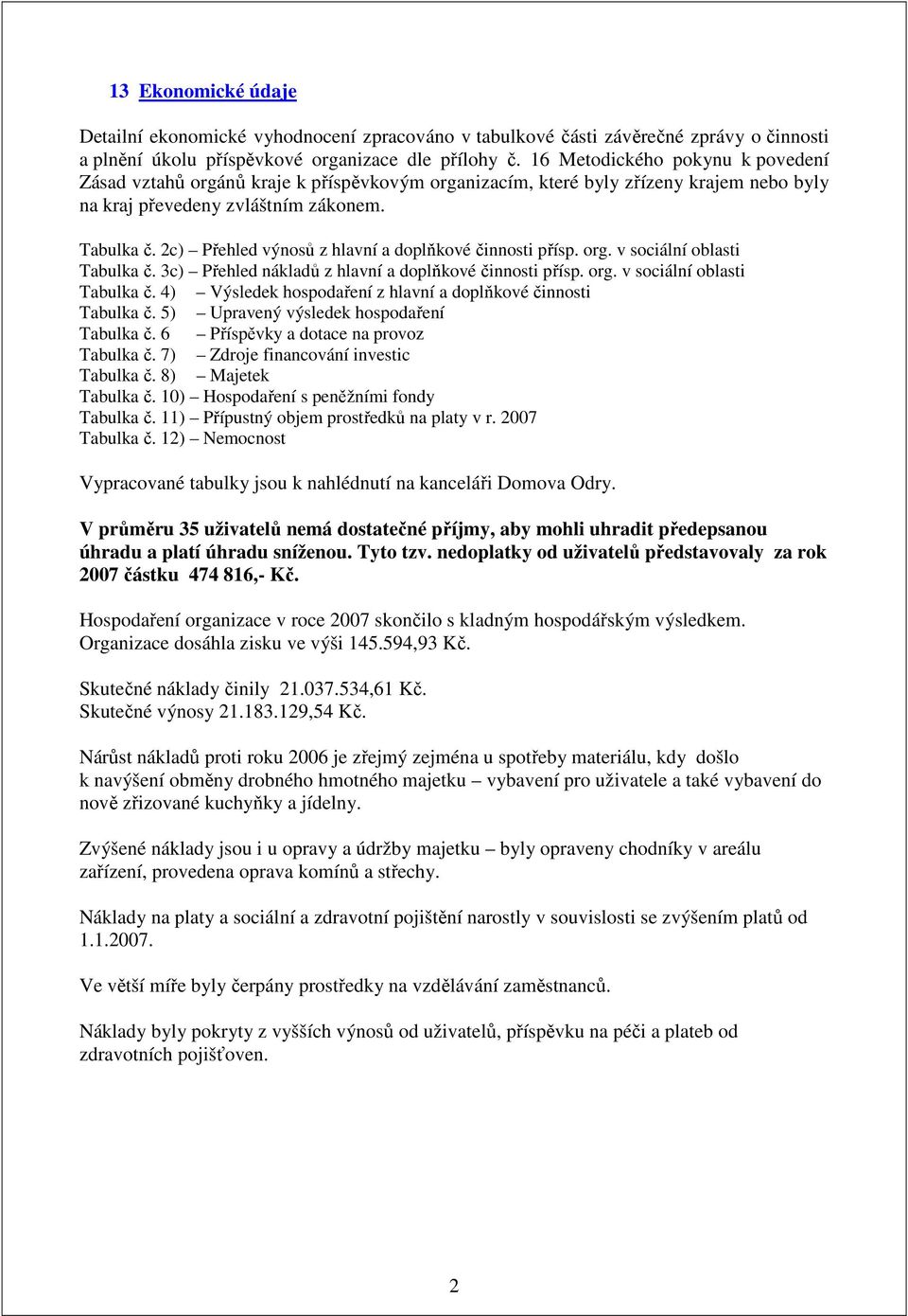 2c) Přehled výnosů z hlavní a doplňkové činnosti přísp. org. v sociální oblasti Tabulka č. 3c) Přehled nákladů z hlavní a doplňkové činnosti přísp. org. v sociální oblasti Tabulka č. 4) Výsledek hospodaření z hlavní a doplňkové činnosti Tabulka č.