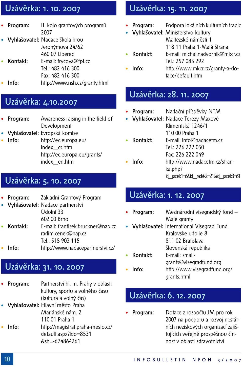 eu/ index_cs.htm http://ec.europa.eu/grants/ index_en.htm Uzávěrka: 5. 10. 2007 Program: Základní Grantový Program Vyhlašovatel: Nadace partnerství Údolní 33 602 00 Brno Kontakt: E-mail: frantisek.
