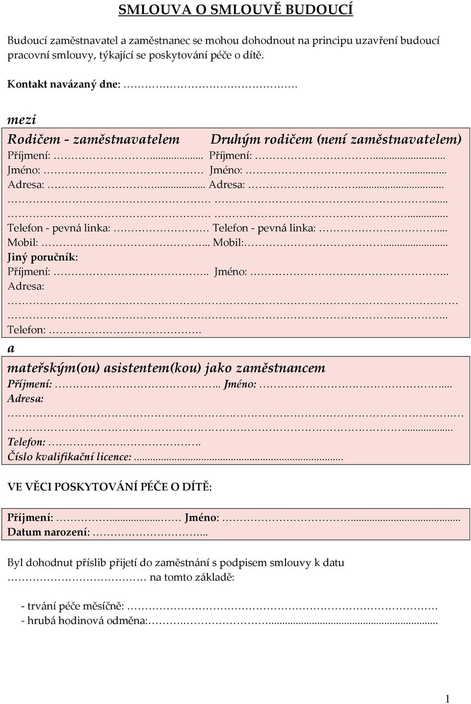 .. Mobil:... Jiný poručník: Příjmení:.. Jméno:.. Adresa:.... Telefon:. a mateřským(ou) asistentem(kou) jako zaměstnancem Příjmení:.. Jméno:... Adresa:..... Telefon:. Číslo kvalifikační licence:.