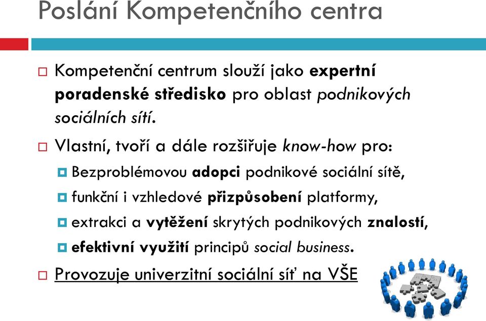 Vlastní, tvoří a dále rozšiřuje know-how pro: Bezproblémovou adopci podnikové sociální sítě, funkční