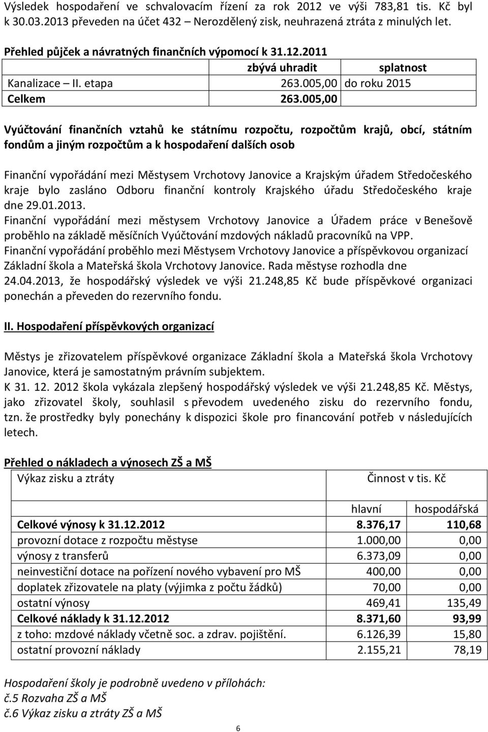 005,00 Vyúčtování finančních vztahů ke státnímu rozpočtu, rozpočtům krajů, obcí, státním fondům a jiným rozpočtům a k hospodaření dalších osob Finanční vypořádání mezi Městysem Vrchotovy Janovice a