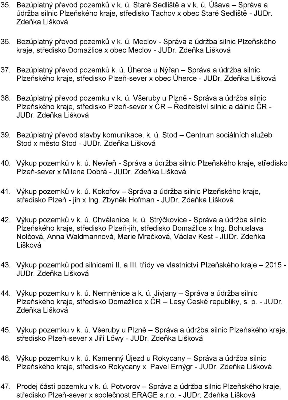 39. Bezúplatný převod stavby komunikace, k. ú. Stod Centrum sociálních služeb Stod x město Stod - JUDr. 40. Výkup pozemků v k. ú. Nevřeň - Správa a údržba silnic Plzeňského kraje, středisko Plzeň-sever x Milena Dobrá - JUDr.