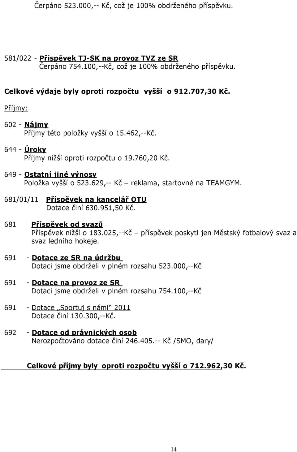 649 - Ostatní jiné výnosy Položka vyšší o 523.629,-- Kč reklama, startovné na TEAMGYM. 681/01/11 Příspěvek na kancelář OTU Dotace činí 630.951,50 Kč. 681 Příspěvek od svazů Příspěvek nižší o 183.
