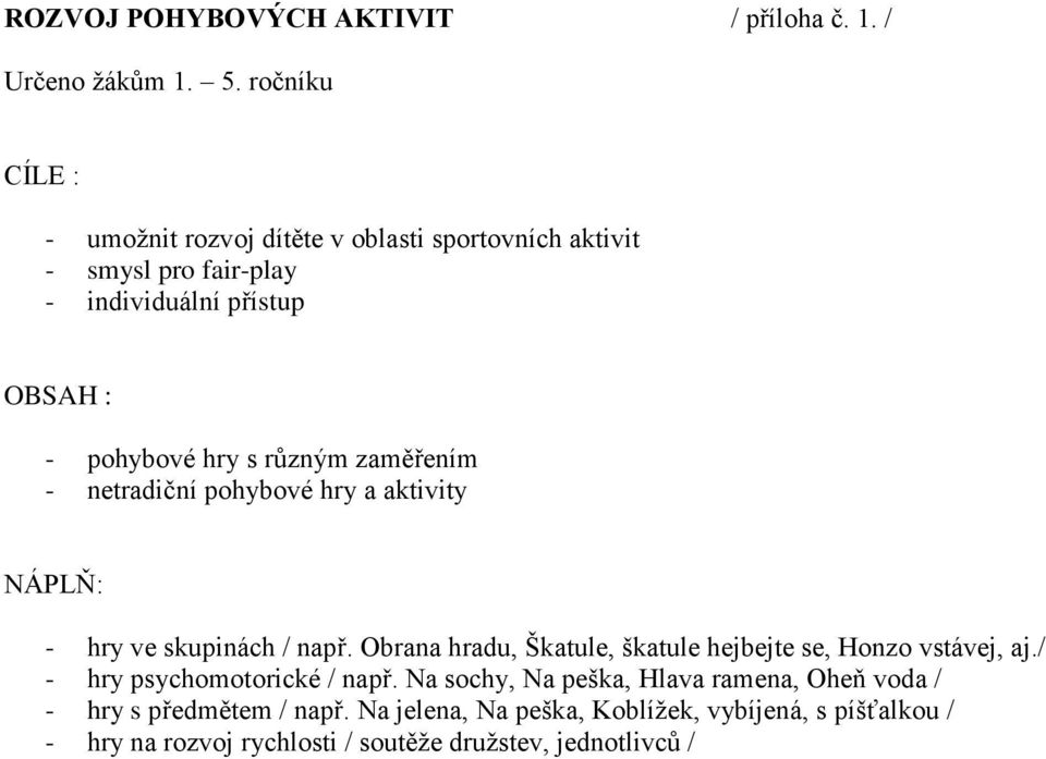 různým zaměřením - netradiční pohybové hry a aktivity NÁPLŇ: - hry ve skupinách / např.