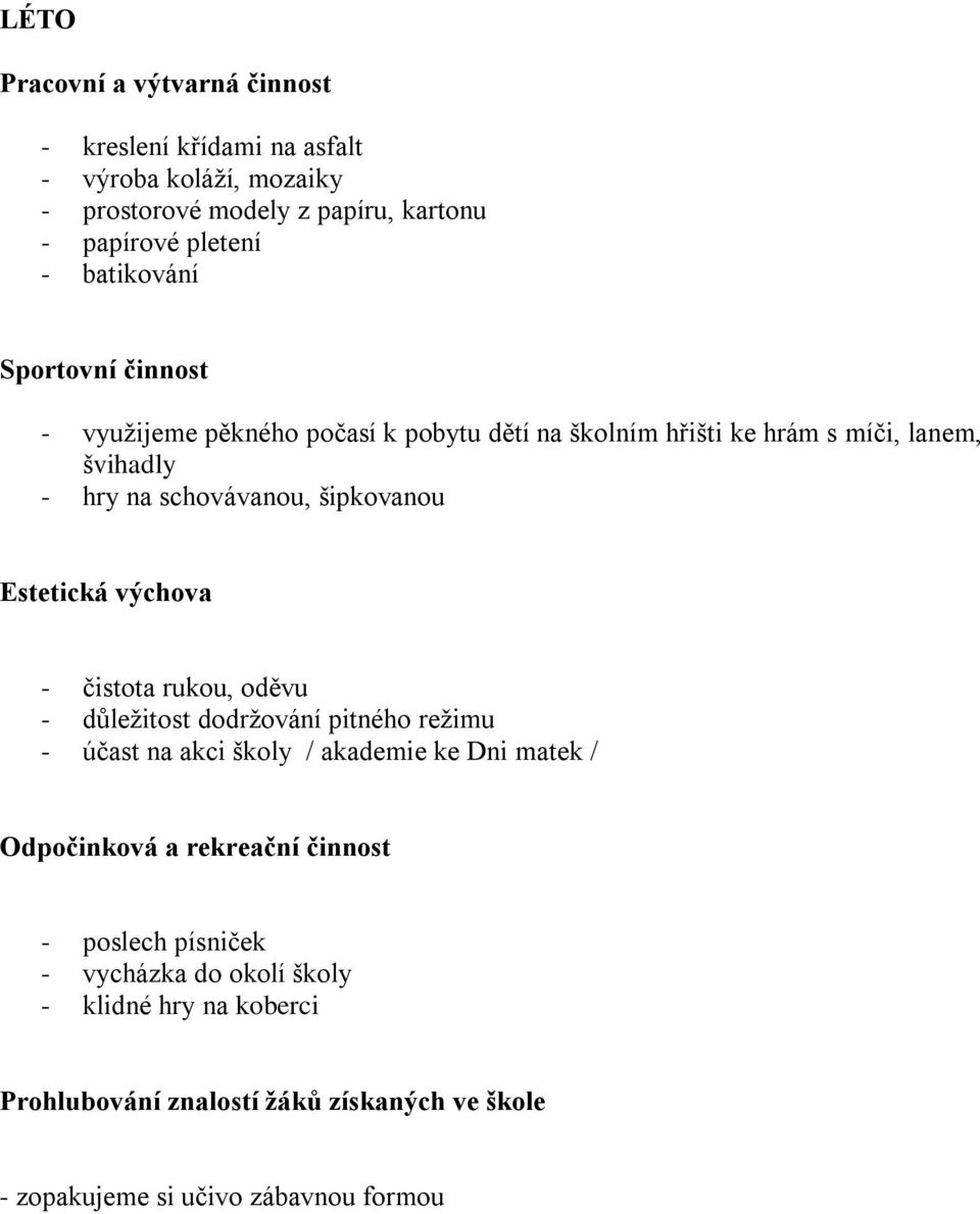 Estetická výchova - čistota rukou, oděvu - důležitost dodržování pitného režimu - účast na akci školy / akademie ke Dni matek / Odpočinková a rekreační