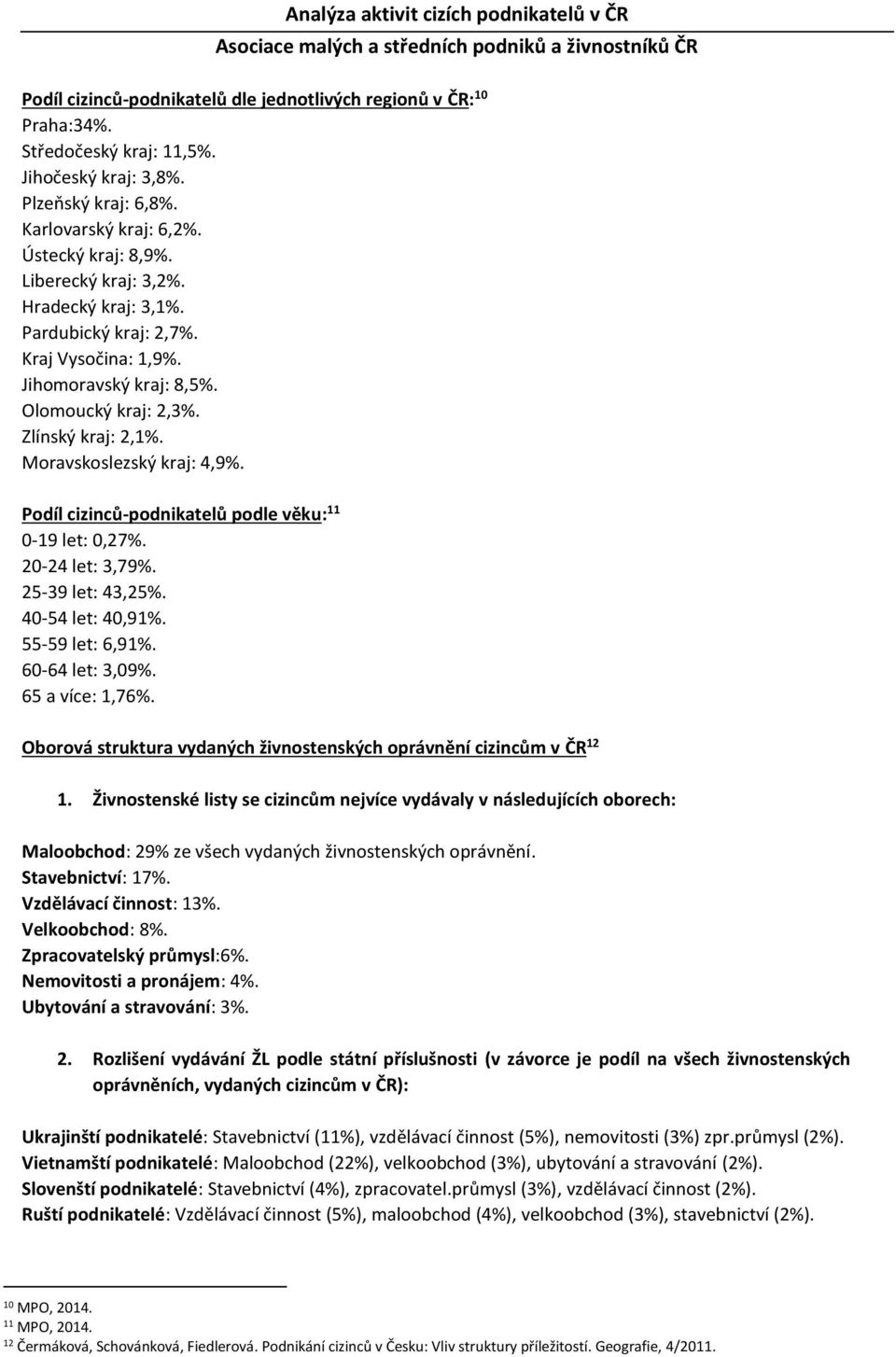 Podíl cizinců-podnikatelů podle věku: 11 0-19 let: 0,27%. 20-24 let: 3,79%. 25-39 let: 43,25%. 40-54 let: 40,91%. 55-59 let: 6,91%. 60-64 let: 3,09%. 65 a více: 1,76%.