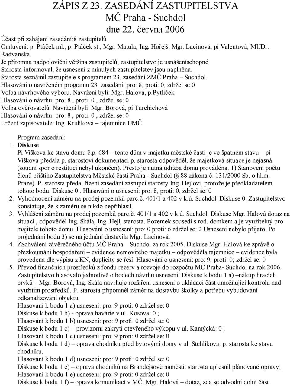 Starosta seznámil zastupitele s programem 23. zasedání ZMČ Praha Suchdol. Hlasování o navrženém programu 23. zasedání: pro: 8, proti: 0, zdržel se:0 Volba návrhového výboru. Navrženi byli: Mgr.