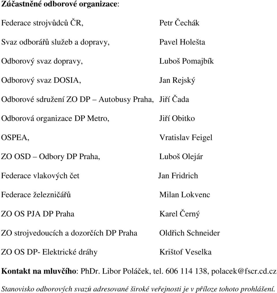 Praha ZO strojvedoucích a dozorčích DP Praha ZO OS DP- Elektrické dráhy Jiří Obitko Vratislav Feigel Luboš Olejár Jan Fridrich Milan Lokvenc Karel Černý Oldřich Schneider