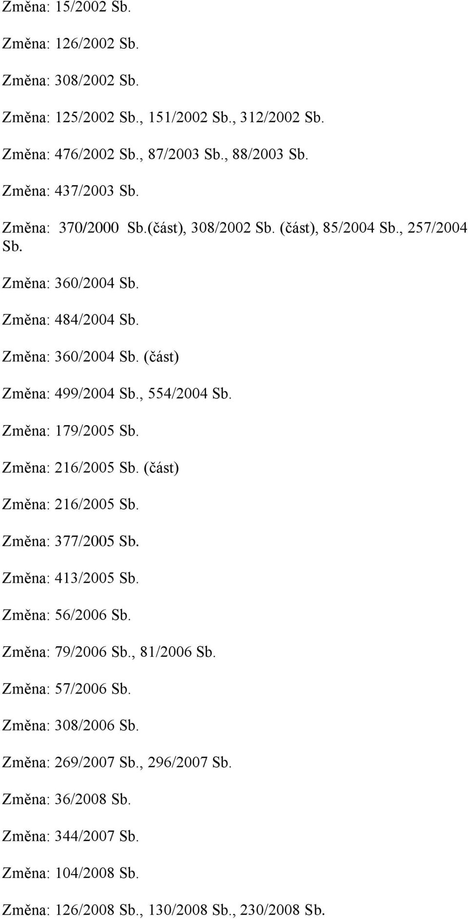 , 554/2004 Sb. Změna: 179/2005 Sb. Změna: 216/2005 Sb. (část) Změna: 216/2005 Sb. Změna: 377/2005 Sb. Změna: 413/2005 Sb. Změna: 56/2006 Sb. Změna: 79/2006 Sb., 81/2006 Sb.