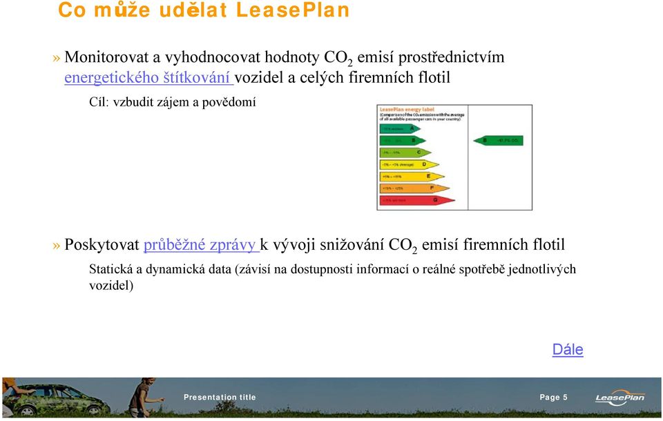 Poskytovat průběžné zprávy k vývoji snižování CO 2 emisí firemních flotil Statická a dynamická