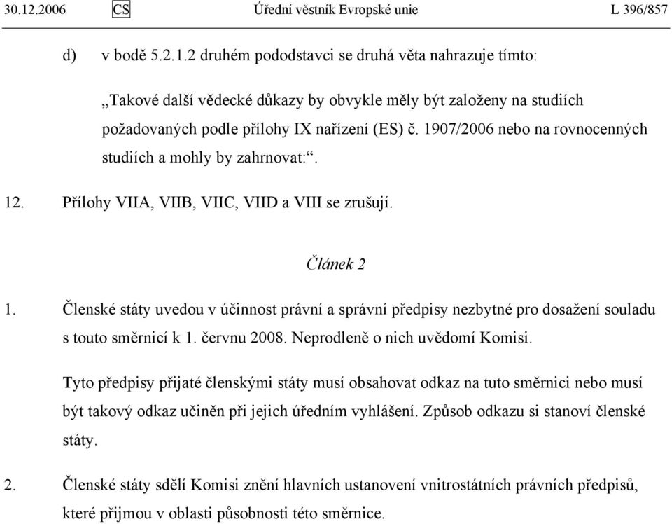 Členské státy uvedou v účinnost právní a správní předpisy nezbytné pro dosažení souladu s touto směrnicí k 1. červnu 2008. Neprodleně o nich uvědomí Komisi.