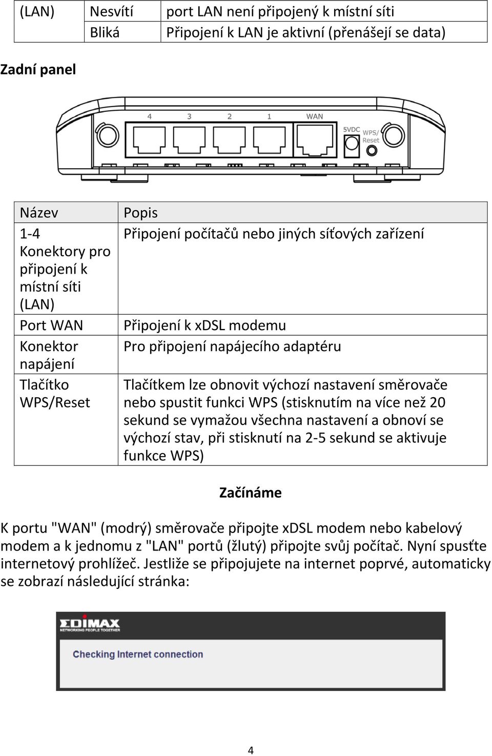 funkci WPS (stisknutím na více než 20 sekund se vymažou všechna nastavení a obnoví se výchozí stav, při stisknutí na 2 5 sekund se aktivuje funkce WPS) Začínáme K portu "WAN" (modrý) směrovače