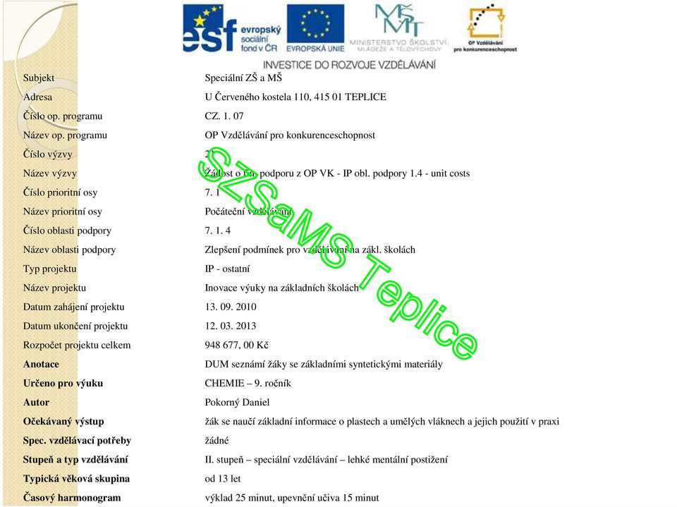 školách Typ projektu IP - ostatní Název projektu Inovace výuky na základních školách Datum zahájení projektu 13. 09. 2010 Datum ukončení projektu 12. 03.