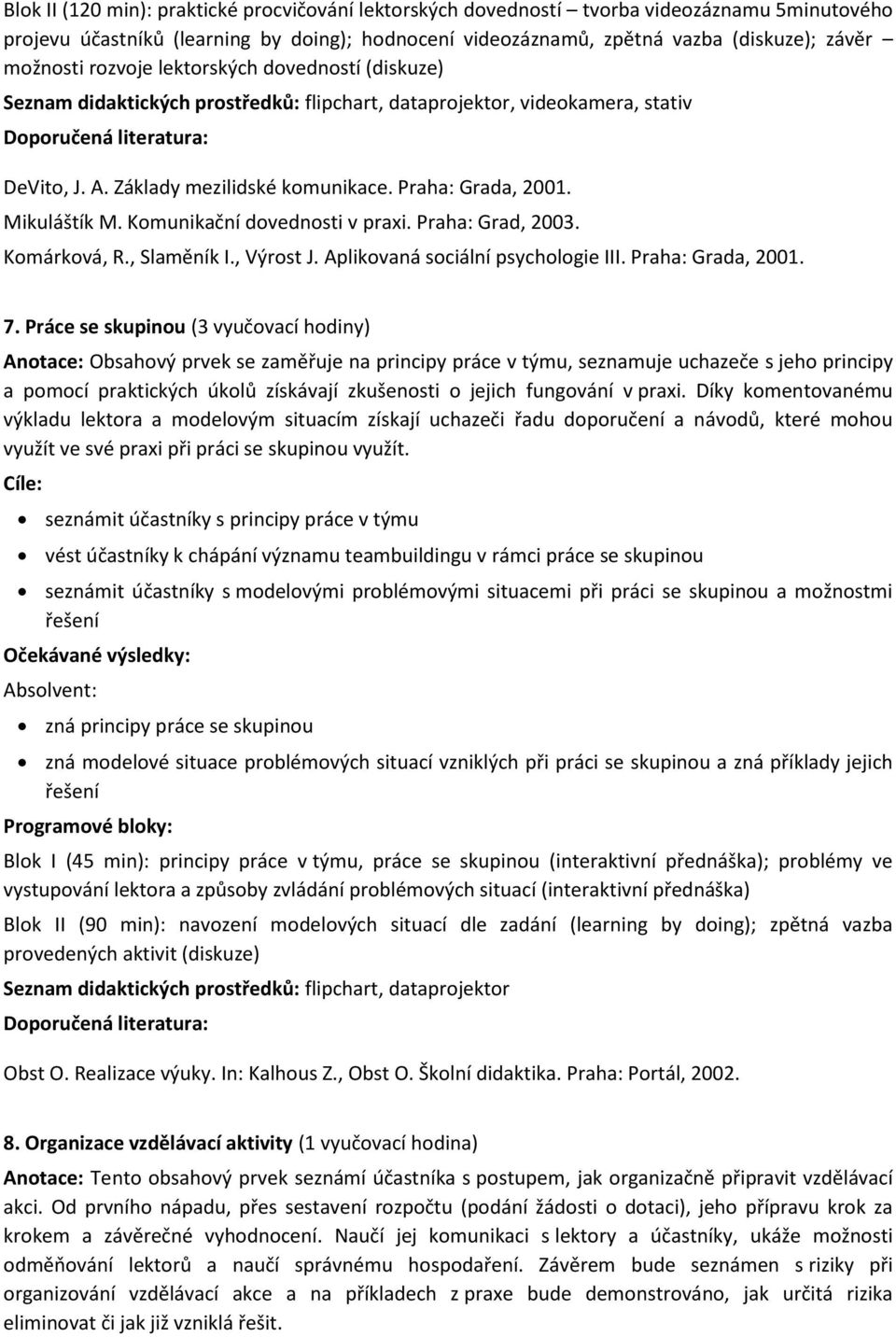 Komunikační dovednosti v praxi. Praha: Grad, 2003. Komárková, R., Slaměník I., Výrost J. Aplikovaná sociální psychologie III. Praha: Grada, 2001. 7.